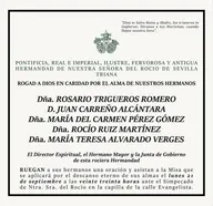 Recordatorio oficial de la Hermandad de Nuestra Señora del Rocío de Sevilla-Triana con nombres de hermanos difuntos y convocatoria a misa de réquiem