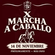 Fondo burdeos con escudo en la parte superior, texto central X Marcha a Caballo y silueta de jinete a caballo, fecha 14 de noviembre y aviso de más información próximamente