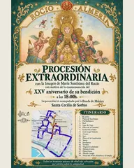 Cartel con ilustración de la Virgen del Rocío rodeada de ángeles, detalles dorados, texto con información de procesión extraordinaria y mapa del itinerario en Almería