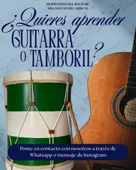 Tamboril verde y blanco junto a una guitarra acústica sobre fondo azul con texto invitando a aprender guitarra o tamboril en Villanueva del Ariscal