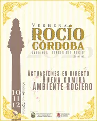 Cartel con texto dorado y marrón que anuncia la Verbena Rocío Córdoba en los Jardines Virgen del Rocío los días 10, 11 y 12 de septiembre con actuaciones en directo, buena comida y ambiente rociero