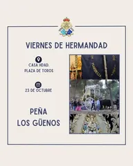 Cartel con el escudo de la Hermandad, texto informativo del evento Viernes de Hermandad el 23 de octubre en la casa de Hermandad y tres imágenes pequeñas relacionadas con la tradición rociera