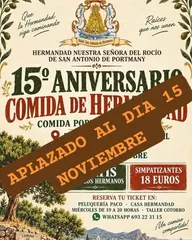 Cartel con ilustración de Virgen y texto que anuncia el aplazamiento al 15 de noviembre de la comida de hermandad por el 15º aniversario en San Antonio de Portmany