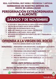 Cartel con información detallada sobre la peregrinación extraordinaria a Almonte el 7 de noviembre de 2026 organizada por la Hermandad de Nuestra Señora del Rocío de Aznalcázar, incluyendo horarios, rutas, donativos y fechas de inscripción