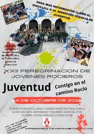 Cartel con información sobre la XXII Peregrinación de Jóvenes Rocieros el 24 de octubre de 2026 con fotos de grupos de jóvenes y datos de contacto para inscripción