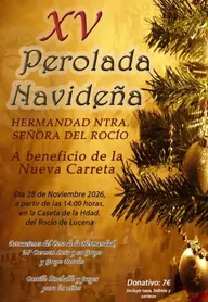 Cartel con texto dorado y rojo sobre fondo navideño que anuncia la XV Perolada Navideña de la Hermandad del Rocío de Lucena el 28 de noviembre de 2026 con música y actividades familiares