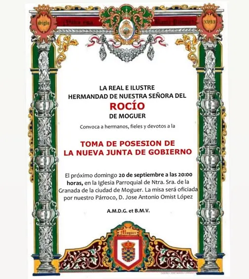Cartel con marco decorativo que anuncia la toma de posesión de la nueva Junta de Gobierno de la Hermandad de Nuestra Señora del Rocío de Moguer el 20 de septiembre a las 20:00 horas en la iglesia parroquial de Moguer