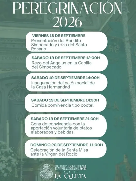 Programa detallado de la Peregrinación Extraordinaria 2026 con fechas y horarios de actos religiosos y sociales de la Hermandad de Málaga-La Caleta