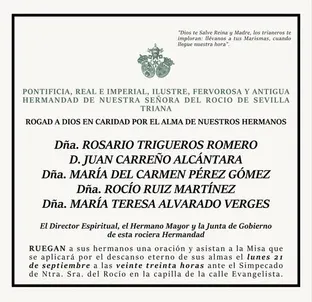 Recordatorio oficial de la Hermandad de Nuestra Señora del Rocío de Sevilla-Triana con nombres de hermanos difuntos y convocatoria a misa de réquiem