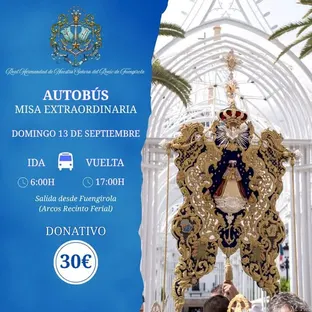 Cartel azul con información del viaje en autobús para misa extraordinaria el 13 de septiembre con salida a las 6:00 y regreso a las 17:00, donativo 30 euros junto a imagen de simpecado rociero en procesión bajo estructura blanca