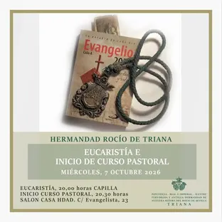 Libro del Evangelio con medalla y cordón de la Hermandad del Rocío de Triana sobre fondo claro anunciando eucaristía e inicio de curso pastoral 2026
