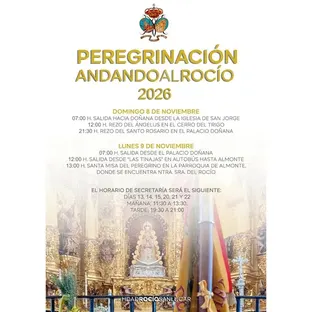 Cartel con el programa y fechas para la peregrinación andando al Rocío 2026 con horarios de salida, rezos y entrega de documentación en fondo de altar dorado