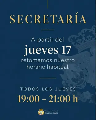 Cartel azul con texto dorado y blanco que anuncia la reapertura de la Secretaría de la Hermandad del Rocío de Cádiz todos los jueves de 19:00 a 21:00 horas a partir del jueves 17
