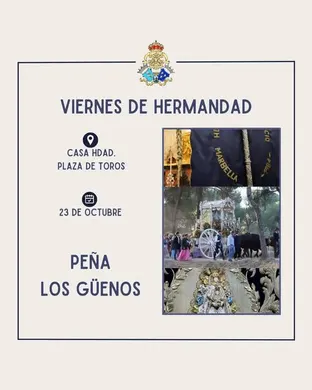 Cartel con el escudo de la Hermandad, texto informativo del evento Viernes de Hermandad el 23 de octubre en la casa de Hermandad y tres imágenes pequeñas relacionadas con la tradición rociera