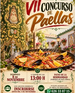Paella tradicional con mariscos y limón en primer plano y cartel del VII Concurso de Paellas con detalles de la Hermandad y fecha del evento en el fondo