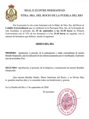 Documento oficial con el escudo de la hermandad y sello rojo que convoca a un cabildo extraordinario para votar la salida y restauración del Simpecado