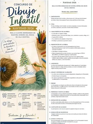 Niño pintando un árbol de Navidad con acuarelas y pinceles en un dibujo para concurso infantil de felicitación navideña de hermandad rociera