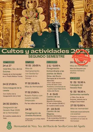 Imagen de la Virgen del Rocío con el Niño en un altar dorado y un cartel superpuesto con el calendario de cultos y actividades 2026 del segundo semestre de la Hermandad de Cerro del Águila