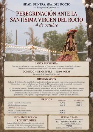 Cartel con imagen de la Virgen del Rocío bajo un cielo claro y luces decorativas, anunciando la peregrinación del 4 de octubre en Priego de Córdoba