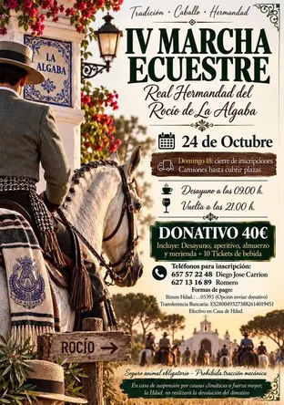 Jinete con traje corto monta un caballo andaluz frente a un azulejo que dice La Algaba y un cartel de madera con la palabra Rocío en un entorno rural al atardecer