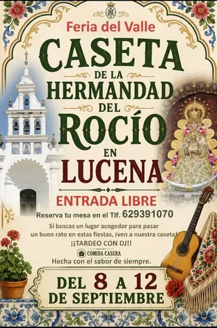 Cartel decorativo con flores, guitarra y una imagen religiosa anuncia la caseta de la Hermandad del Rocío en Lucena para la Feria del Valle del 8 al 12 de septiembre con entrada libre y comida casera