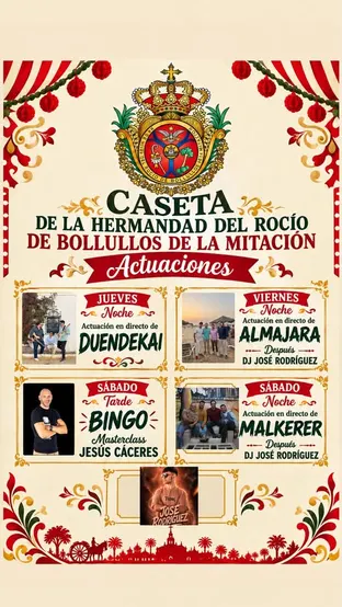 Cartel con el programa de actuaciones en la caseta de la Hermandad del Rocío de Bollullos de la Mitación durante la feria, con conciertos y DJ entre jueves y sábado