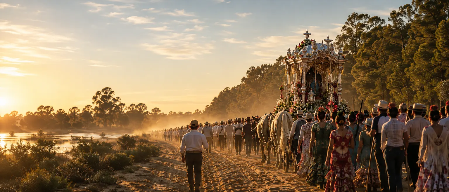 Peregrinos avanzando por el camino del Rocío al amanecer