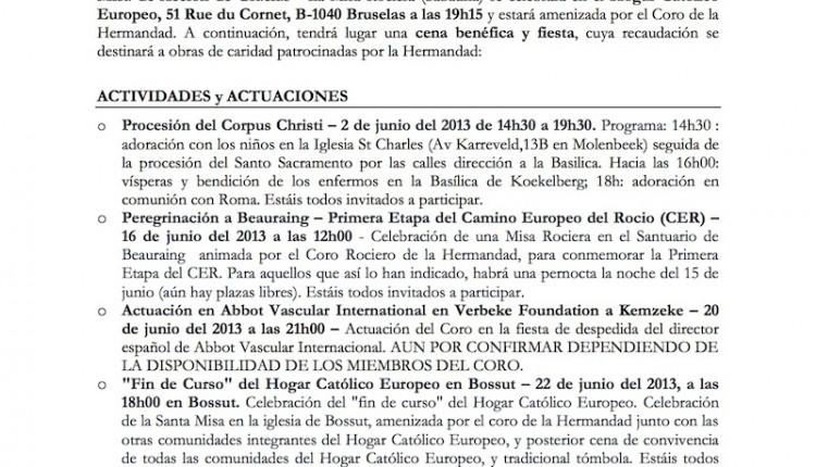 Hermandad de Bruselas – Actividades junio 2013