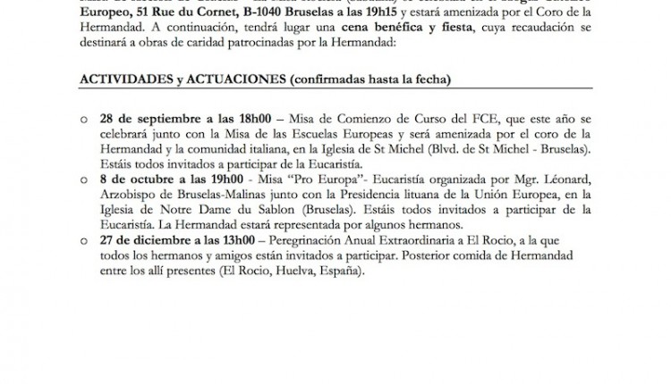 Hermandad de Bruselas – Próximos Actos a celebrar